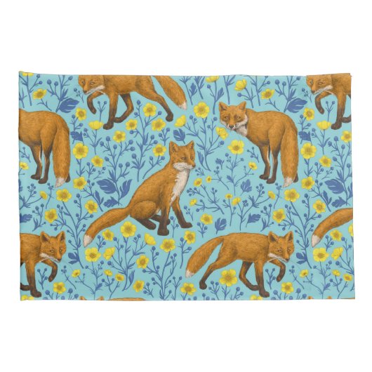 Vossen en boterbloemen op zwembad blauw kussensloop (Achterkant-Rechts)