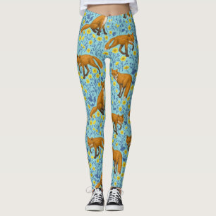 Vossen en boterbloemen op zwembad blauw leggings