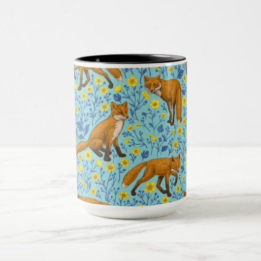 Vossen en boterbloemen op zwembad blauw mok (Midden)