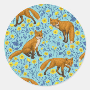 Vossen en boterbloemen op zwembad blauw ronde sticker