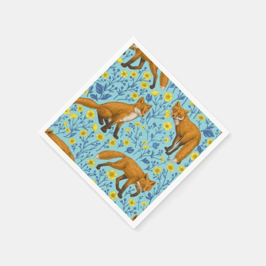 Vossen en boterbloemen op zwembad blauw servet (Hoek)