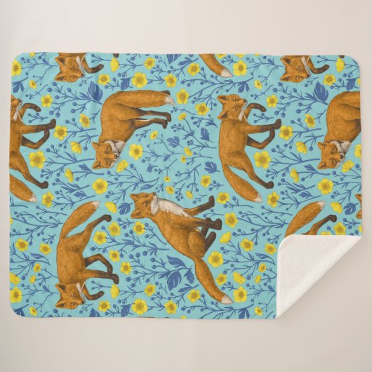 Vossen en boterbloemen op zwembad blauw sherpa deken (Voorkant (horizontaal))