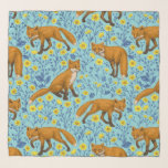 Vossen en boterbloemen op zwembad blauw sjaal<br><div class="desc">Handbeschilderd patroon met vossen en boterbloemen</div>