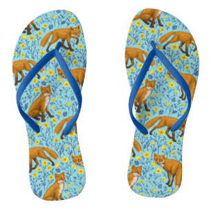 Vossen en boterbloemen op zwembad blauw teenslippers