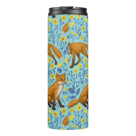 Vossen en boterbloemen op zwembad blauw thermosbeker (Achterkant)
