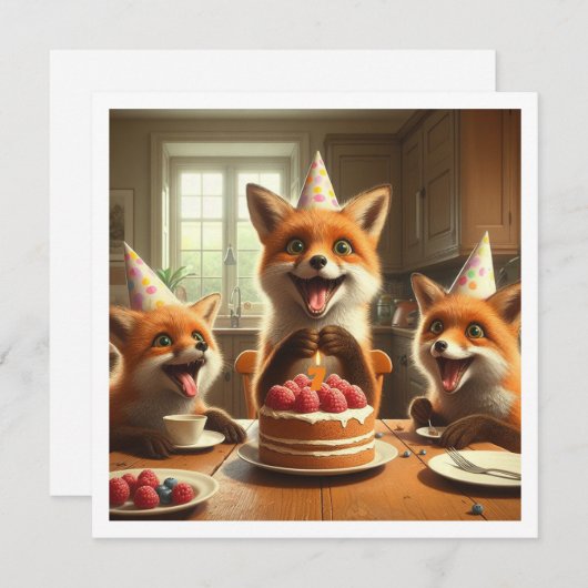 Vossen eten taart, vossen verjaardag uitnodiging (Voorkant / Achterkant)