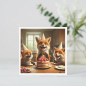 Vossen eten taart, vossen verjaardag uitnodiging (Staand voorkant)