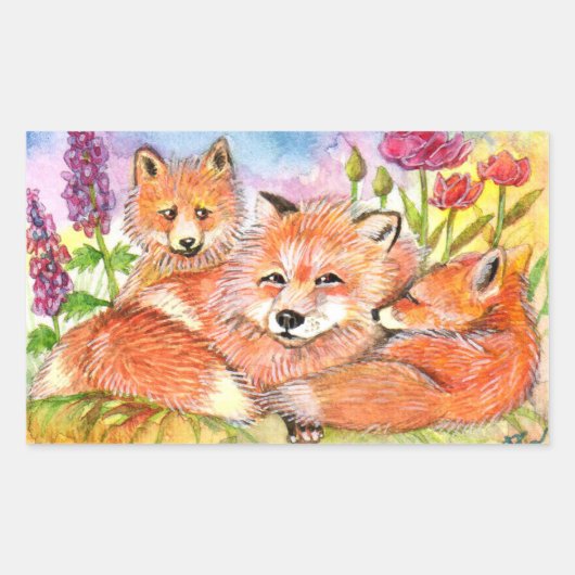 Vossen in de Flower Patch Rechthoekige Sticker (Voorkant)