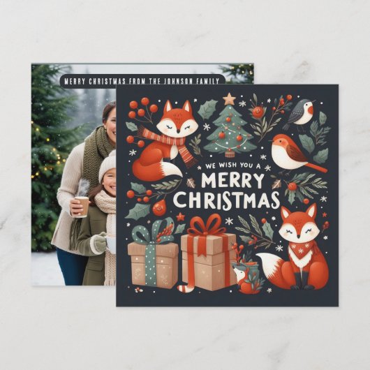 Vossen, Robins, geschenkdozen Vrolijk kerstfeest Feestdagenkaart (Voorkant / Achterkant)