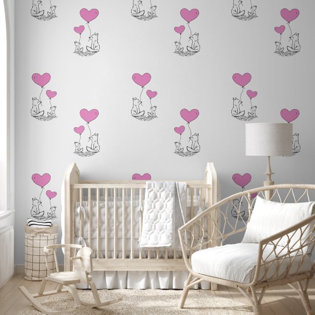 Vossen & Roze Hart Ballons Ontwerp Behang (Kinderen)