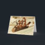vossen sleeën kerst Kaart<br><div class="desc">Deze schattige kaart heeft drie rode vossen die een besneeuwde heuvel op een boomstam afsleuren</div>