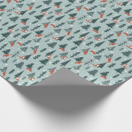 Vossen, spar-bomen, winter, kleurrijk patroon cadeaupapier (Hoek)