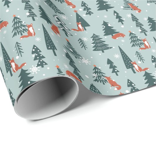 Vossen, spar-bomen, winter, kleurrijk patroon cadeaupapier (Rol Hoek)