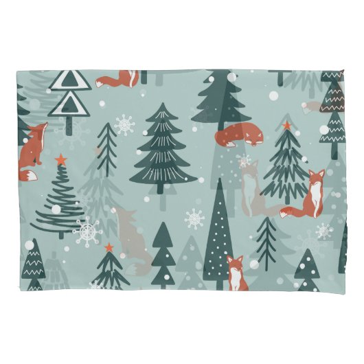Vossen, spar-bomen, winter, kleurrijk patroon kussensloop (Voorkant)