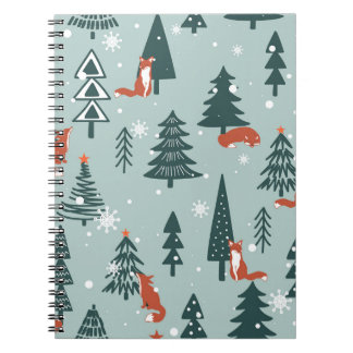 Vossen, spar-bomen, winter, kleurrijk patroon notitieboek