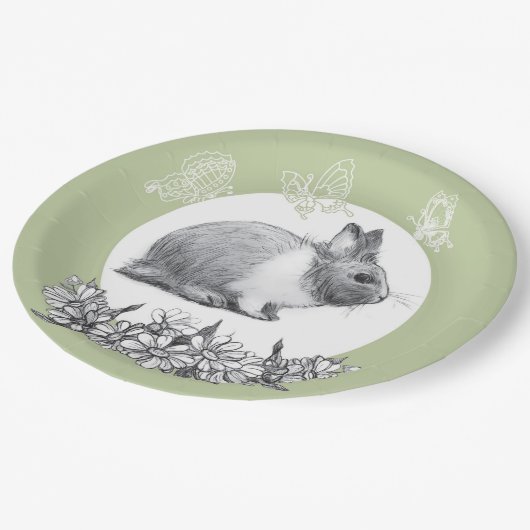 Vouw het konijn af. Potloodtekening. Papieren Bordje (Gekanteld)