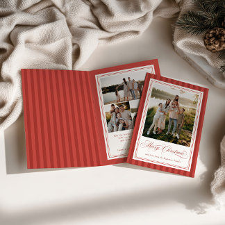 Vouwbare Rode Gestreepte Foto Kerst Vakantiekaart Feestdagen Kaart