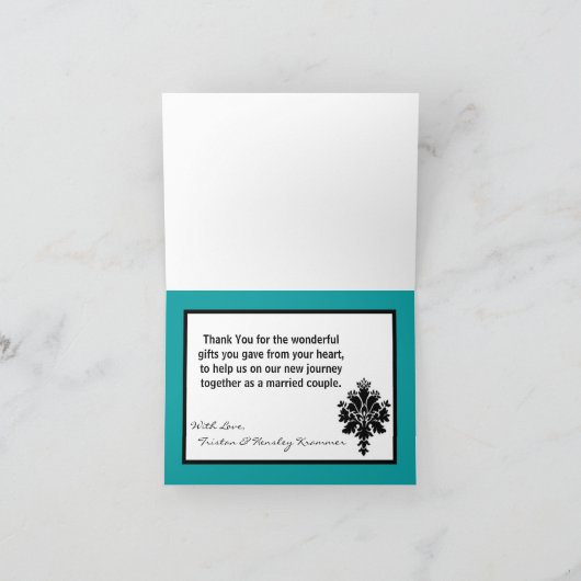 Vouwkaart met bedankje Zwart Teal Damast Kantwerk Bedankkaart (Binnen)