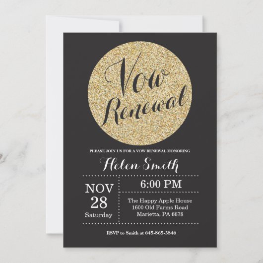 Vow Renewal Black en Gold Glitter Invitation Kaart (Voorkant)