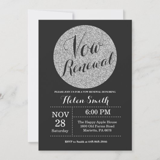 Vow Renewal Black en Silver Glitter Invitation Kaart (Voorkant)