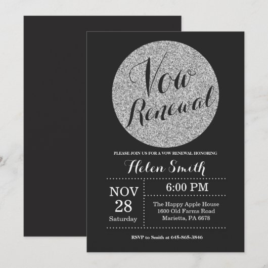 Vow Renewal Black en Silver Glitter Invitation Kaart (Voorkant / Achterkant)