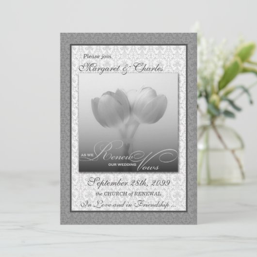 Vow Renewal Ceremony Silver Damask en Tulips Kaart (Staand voorkant)
