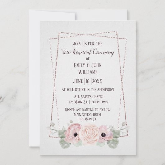 Vow Renewal Pink Anemone en Glitter Lijst Invitat Kaart (Voorkant)