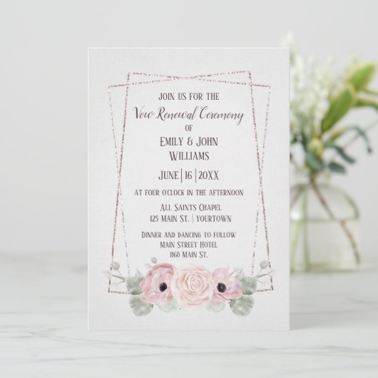 Vow Renewal Pink Anemone en Glitter Lijst Invitat Kaart (Staand voorkant)
