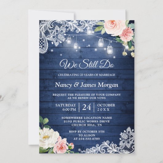 Vow Renewal Rustic Blue String Lights Lace Floral Kaart (Voorkant)