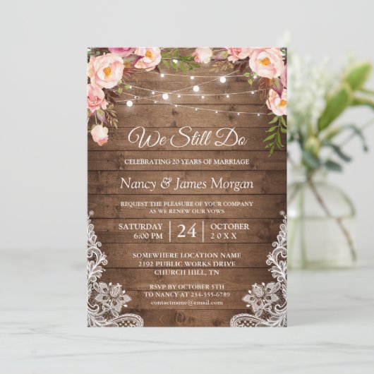 Vow Renewal Rustic Wood String Lights Lace Floral Kaart (Staand voorkant)