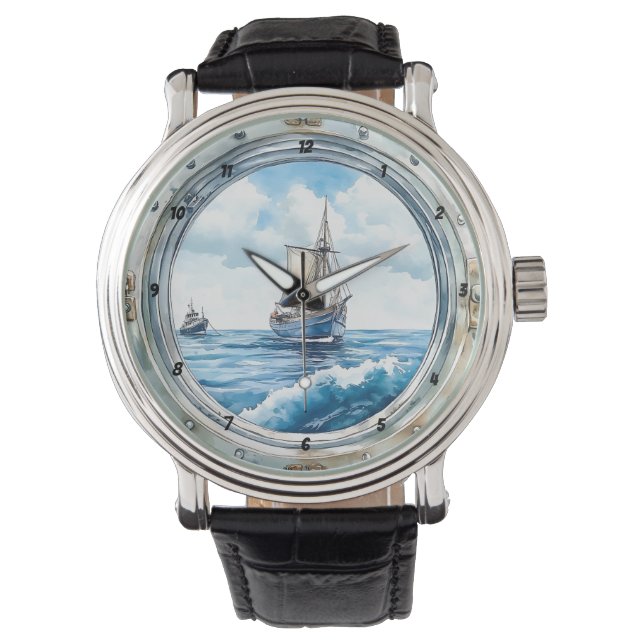 Voyage of Time" - Porthole Sailboat Horloge (Voorkant)