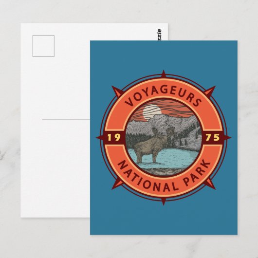 Voyageurs National Park Moose Retro Compass Emblee Briefkaart (Voorkant / Achterkant)
