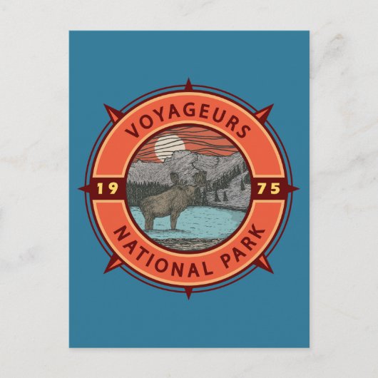 Voyageurs National Park Moose Retro Compass Emblee Briefkaart (Voorkant)
