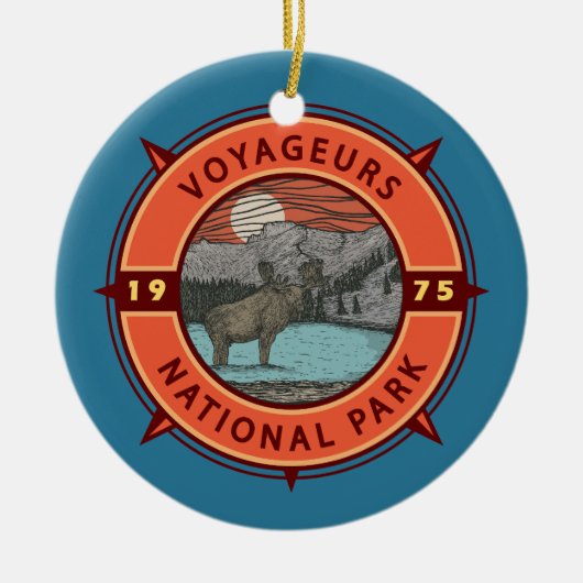 Voyageurs National Park Moose Retro Compass Emblee Keramisch Ornament (Voorkant)