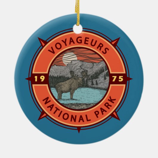 Voyageurs National Park Moose Retro Compass Emblee Keramisch Ornament (Achterkant)