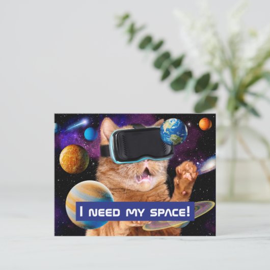 VR Cat in Space Uitnodiging Briefkaart (Staand voorkant)