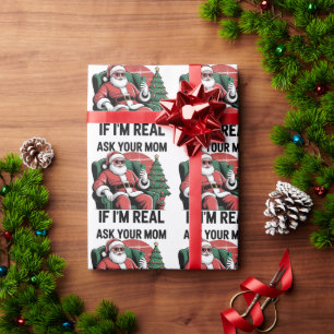 Vraag je moeder Grappige Kerstman Snarky Retro Ker Cadeaupapier