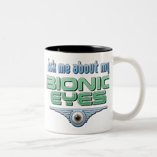 Vraag me naar mijn bionische ogen tweekleurige koffiemok