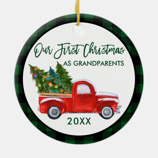 Vrachtwagen Eerste Kerstmis, grootouders Groene Ps Keramisch Ornament (Achterkant)