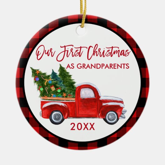 Vrachtwagen Eerste Kerstmis, grootouders Red Pset Keramisch Ornament (Voorkant)