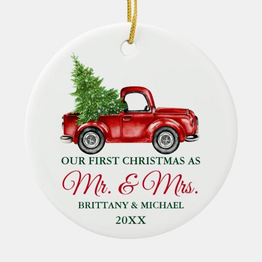  Vrachtwagen Eerste Kerstmis Mr. en Mrs. Keramisch Ornament (Voorkant)