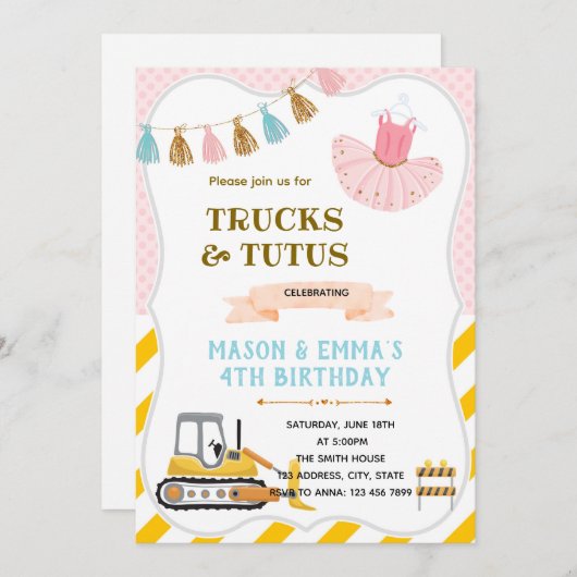 Vrachtwagen en tutus gezamenlijke verjaardagsfeest kaart (Voorkant / Achterkant)