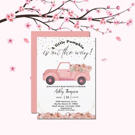 Vrachtwagen Herfst Roze Pompoen Baby shower Kaart