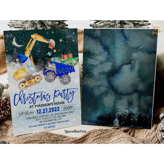 Vrachtwagen Kerst Party graafmachine uitnodiging