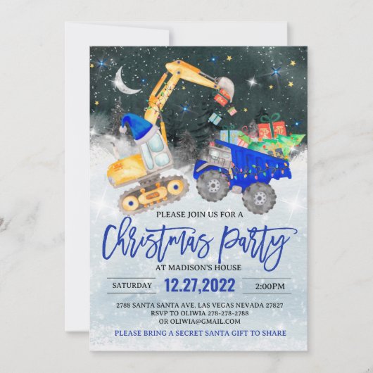 Vrachtwagen Kerst Party graafmachine uitnodiging (Voorkant)