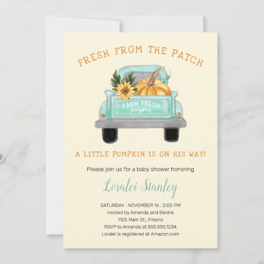  vrachtwagen met Baby shower van pompoenHerfst Kaart (Voorkant)