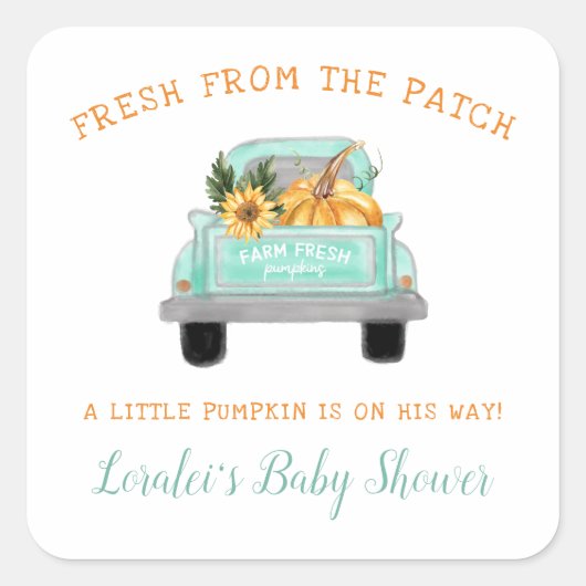  vrachtwagen met Baby shower van pompoenHerfst Vierkante Sticker (Voorkant)