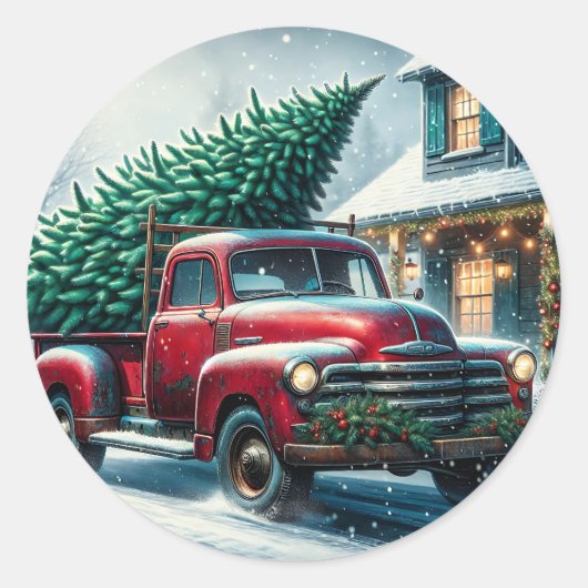  vrachtwagen met kerstboom ronde sticker (Voorkant)