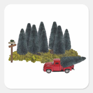  vrachtwagen met kerstboom vierkante sticker