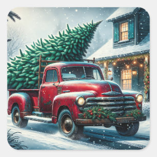 vrachtwagen met kerstboom vierkante sticker